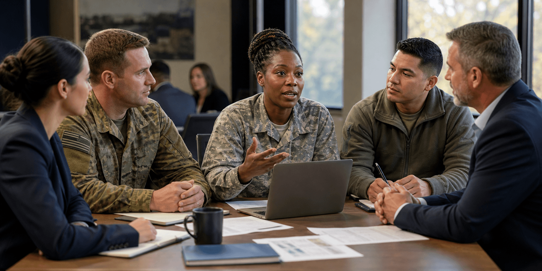 Veterans working with a career mentor during a civilian career transition session