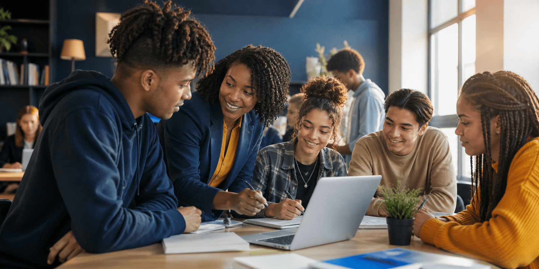 Young professionals collaborating with a mentor in a modern learning studio